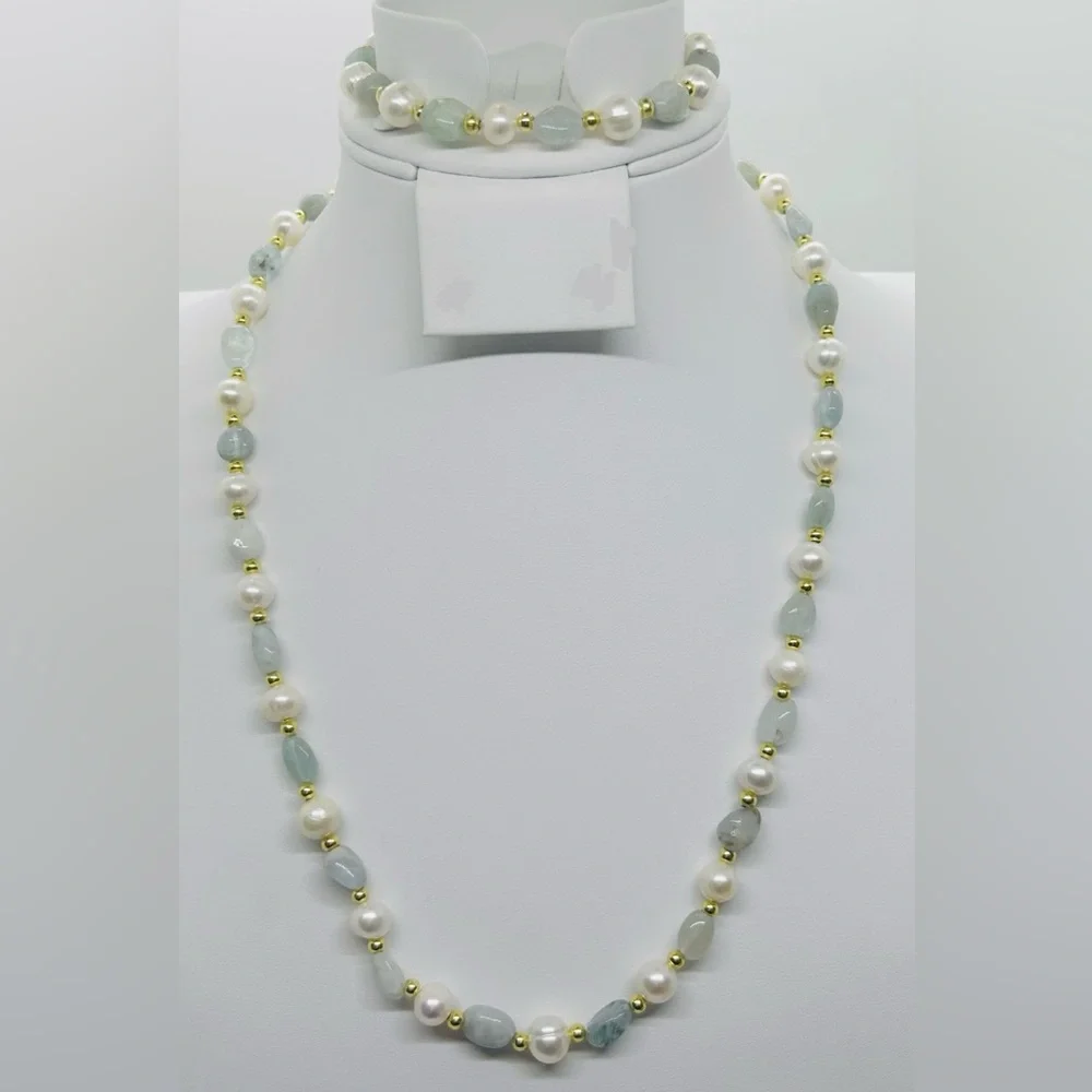 White Freshwater Pearl & Aquamarine Stones 18K GP Necklace & Bracelet Set